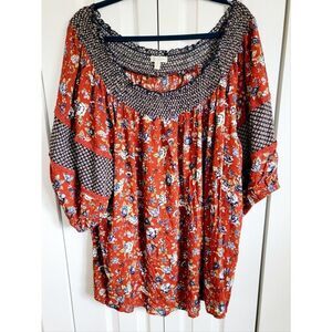 Loralette 4X Blouse Women's Red Boho 3/4 Sleeve Multicolor Smocked Artsy NWT $44